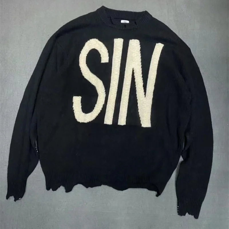 

Хип-хоп модный тяжелый тканевый мужской и женский жаккардовый свитер Saint для мужчин и женщин премиум-качества потертый черный вязаный свитер
