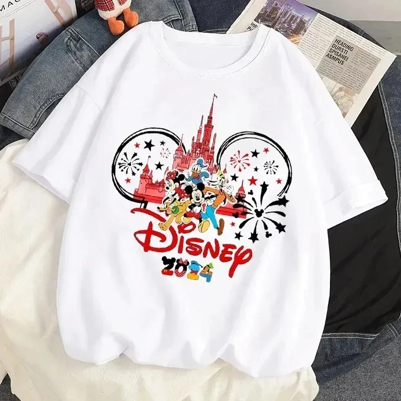 Cartoon Disney Fashion T-shirt 2024 New Year Travel Family Vacation T-shirt Summer Women's Casual Round Neck T-shirt Street Wear