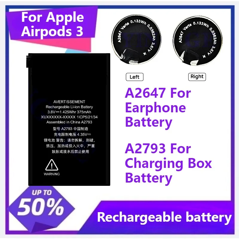 A2647  A2793 Replacement Battery For Apple Airpods 3 A2564 A2565 For Air Pods 3 Rechargeable Batteries Batteria 375mAh 36.2mAh