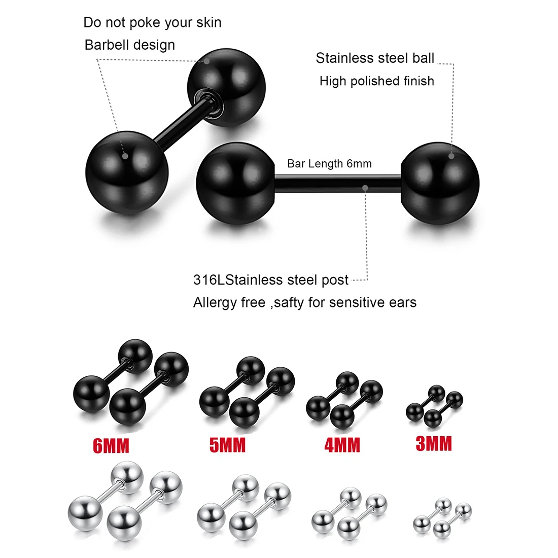 1 Pair Stainless Steel Barbell Earring Studs 3/4/5/6MM Multicolor Small Double Ball Screws Piercing Ear Lobe Stud For Men Women
