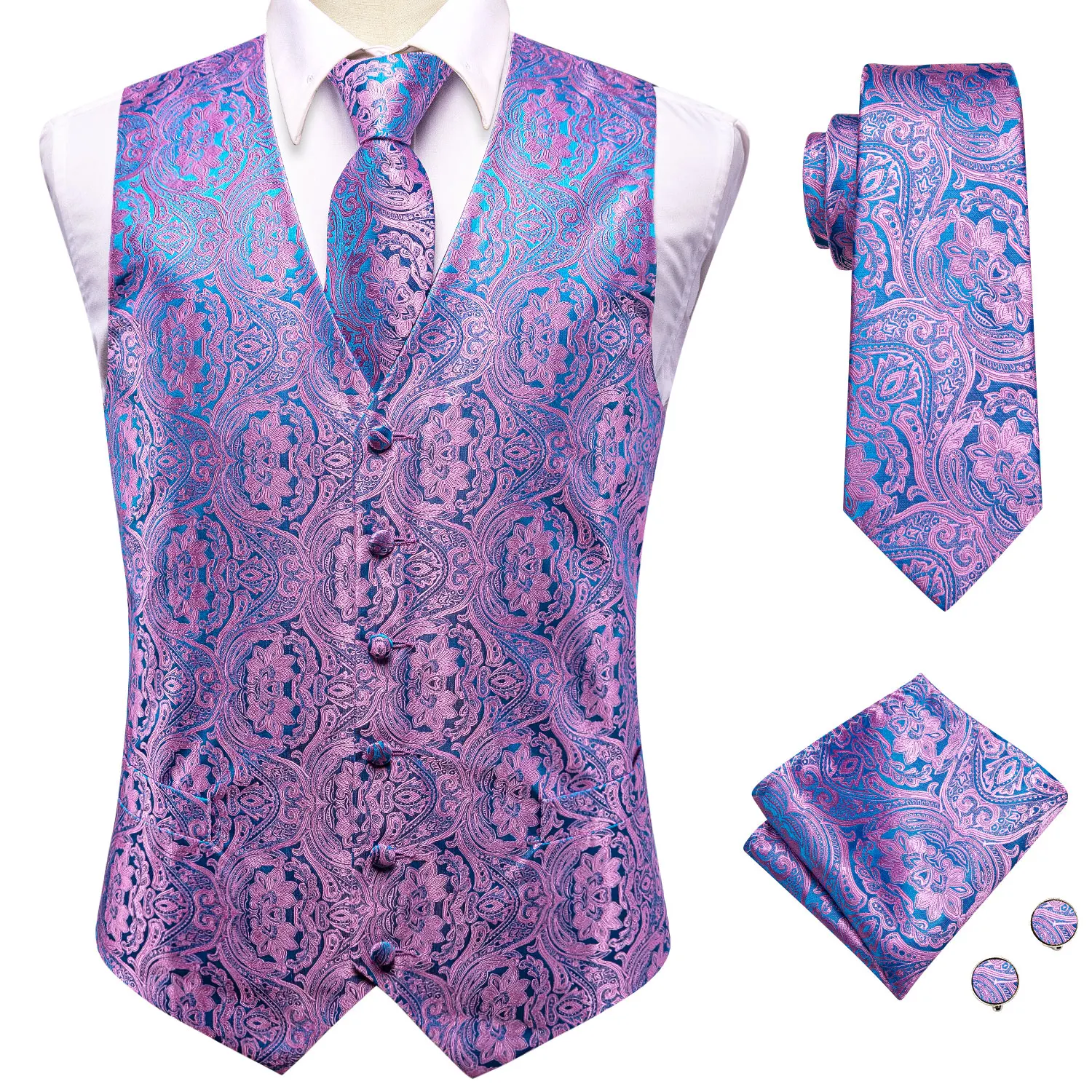 NONE Hochzeits-Lila Herrenweste Paisley Blumenmuster Krawatte Einstecktuch Manschettenknöpfe Sets Blau Grün Rot Herren Ärmellose V-Ausschnitt Weste Party 4