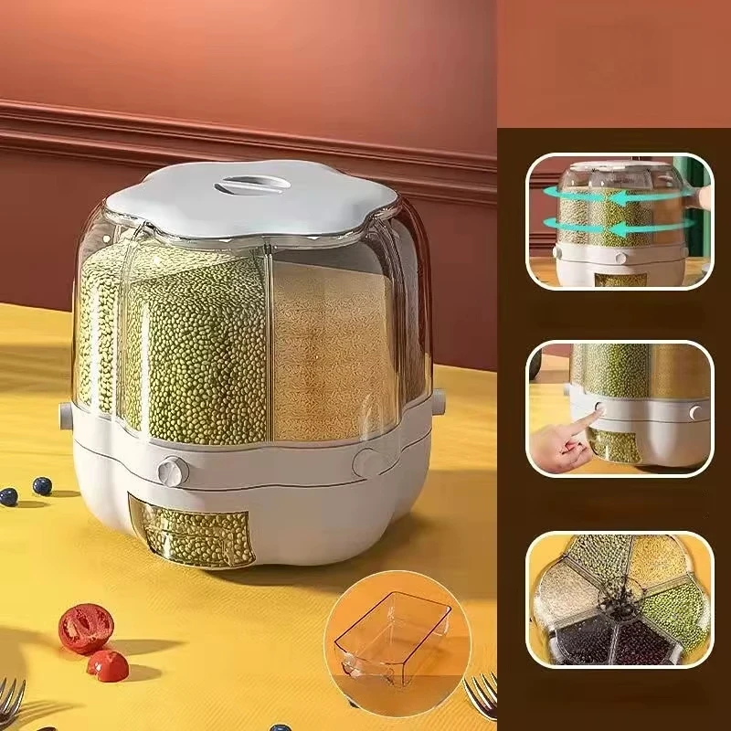 6 Grid Rotating Grain Dispenser Large Capacity Rice Storage 360 ° Container Cereal Rice Sealed Tank Grain Box Kitchen Essentials