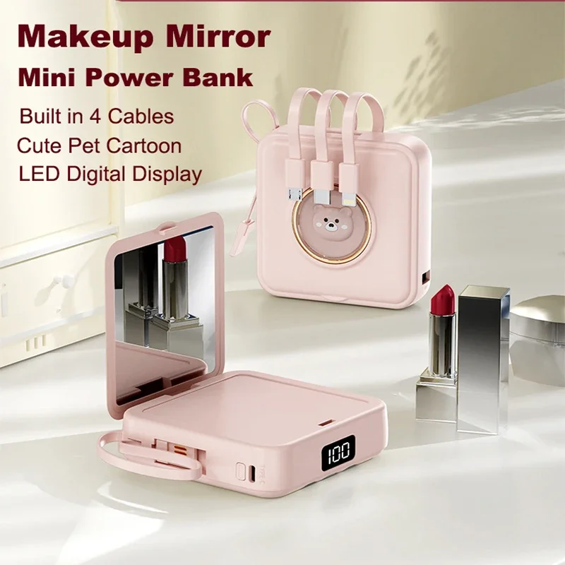 Cute Mini Power Bank 20000mAh with Makeup Mirror Built in 4 Cable Portable Charger Powerbank for iPhone 16 Samsung Xiaomi Huawei