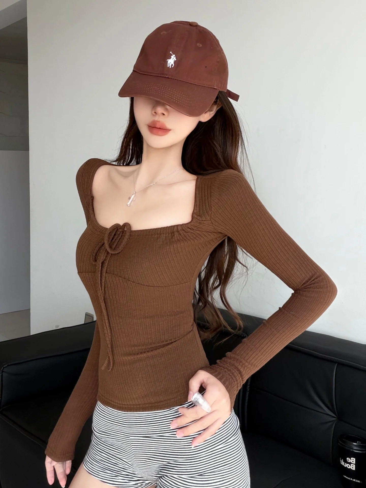 White Enhancing Long Sleeve T-Shirt Women's Spring Autumn Plaid Square Collar Binding Bandita Style Base Shirt Top