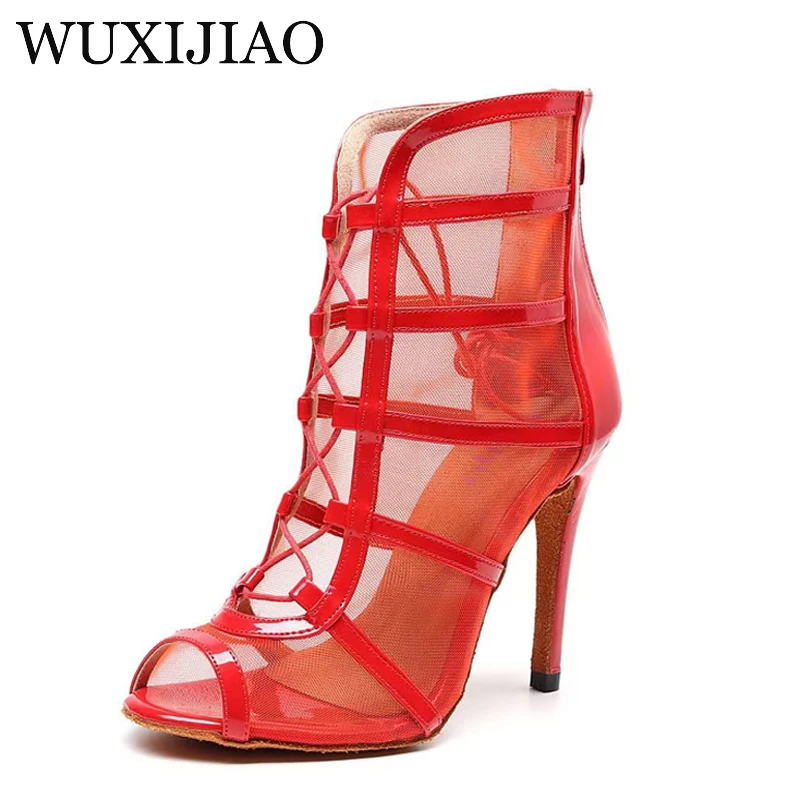 WUXIJIAO-Sandalias negras con cordones para mujer, zapatos de baile de jazz sexy, tacones altos, zapatos de baile latino para interiores, cha