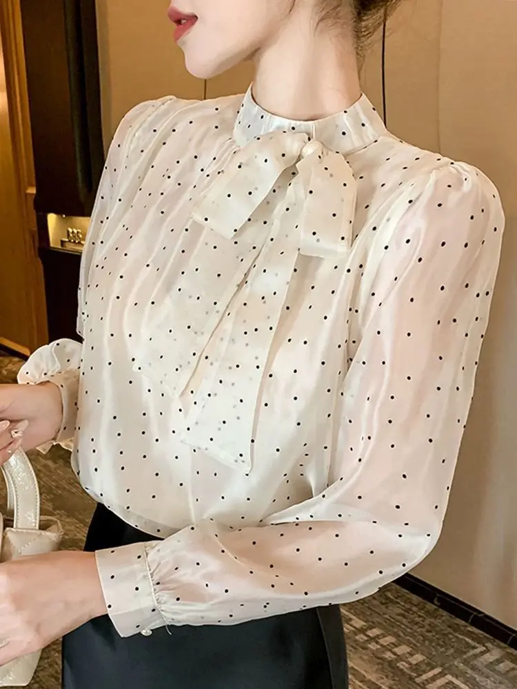 Polka Dot Long Sleeved Chiffon Shirt for Women\'s Clothing New Western-style and Age Reducing Bow Bow Ribbon Style Top