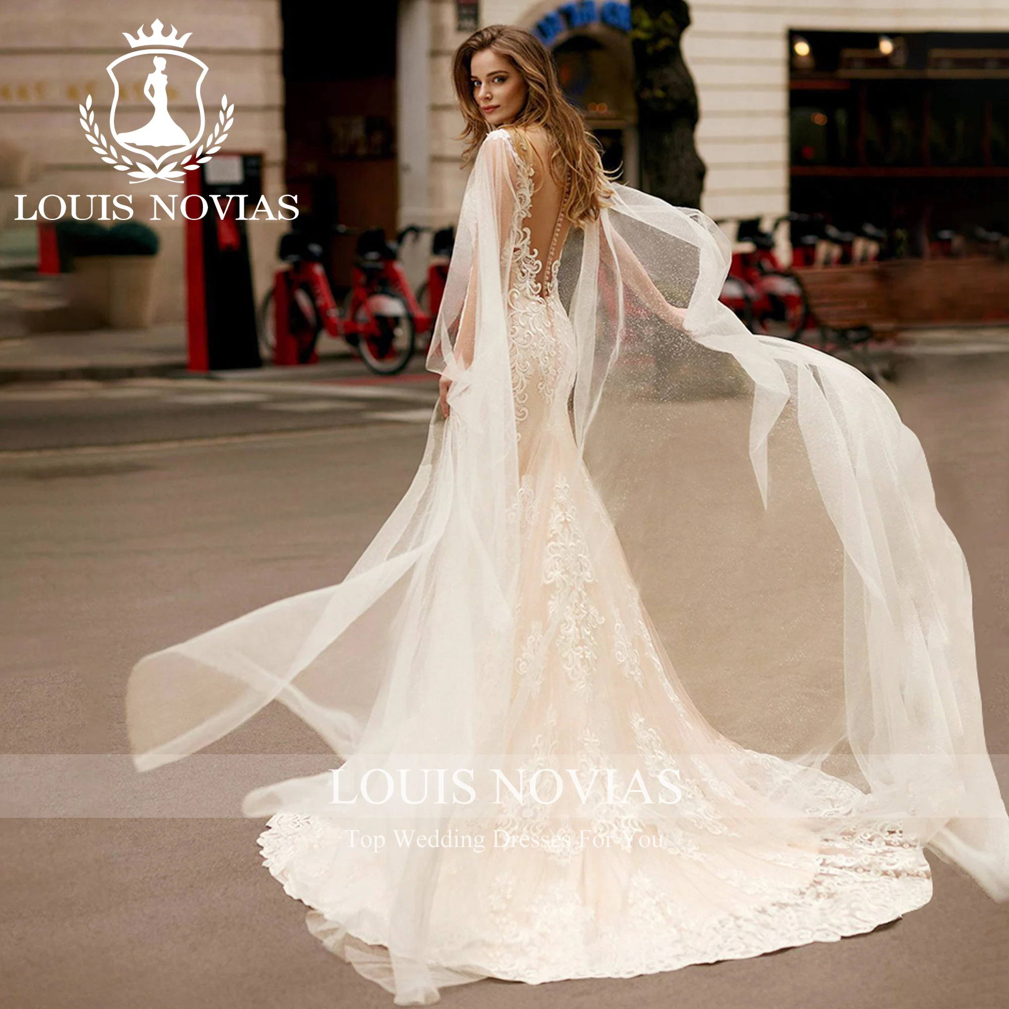 

LOUIS NOVIAS Mermaid Wedding Dress Sexy V-Neck Sleeveless Appliques Backless Button Brush Train Wedding Gown Vestidos De Novia