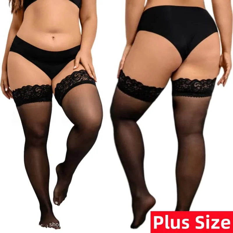Elastic Plus Size Girls Over The Knee Thigh High Sexy Black Lace Top Silicone Anti Slip Stockings Socks for Women XL 3xl 4XL 5xl