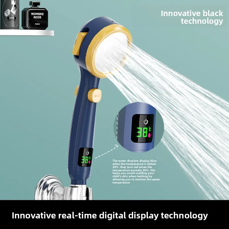 Temperature Display Supercharged Four-speed Shower Head Shower Rain Bath High Pressure Handheld Shower Rinse Showerhead