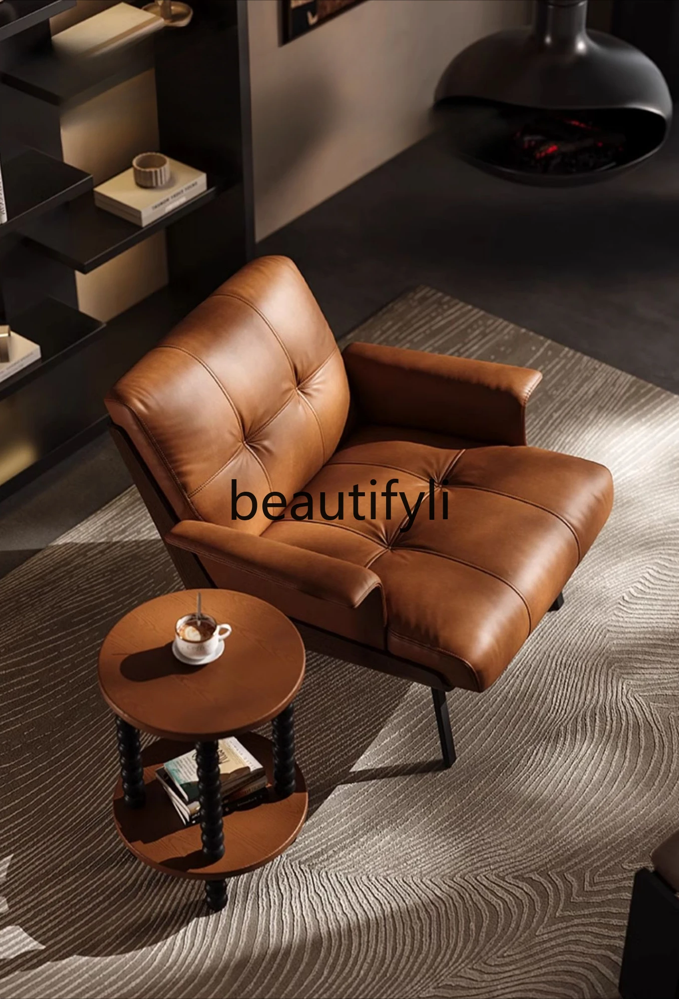 

Single sofa Chinese antique recliner wabi-sabi wind lazy chair villa solid wood leather armchair