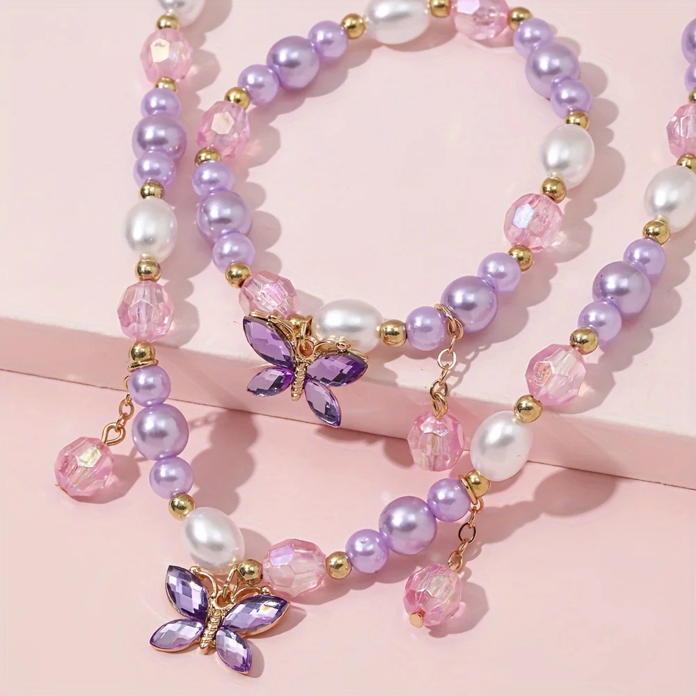 

2pcs/set Cute Butterfly Bead Elastic Beaded Bracelet Necklace Set Festival/Birthday Gift Set Perfect Gift for Birthday Gift
