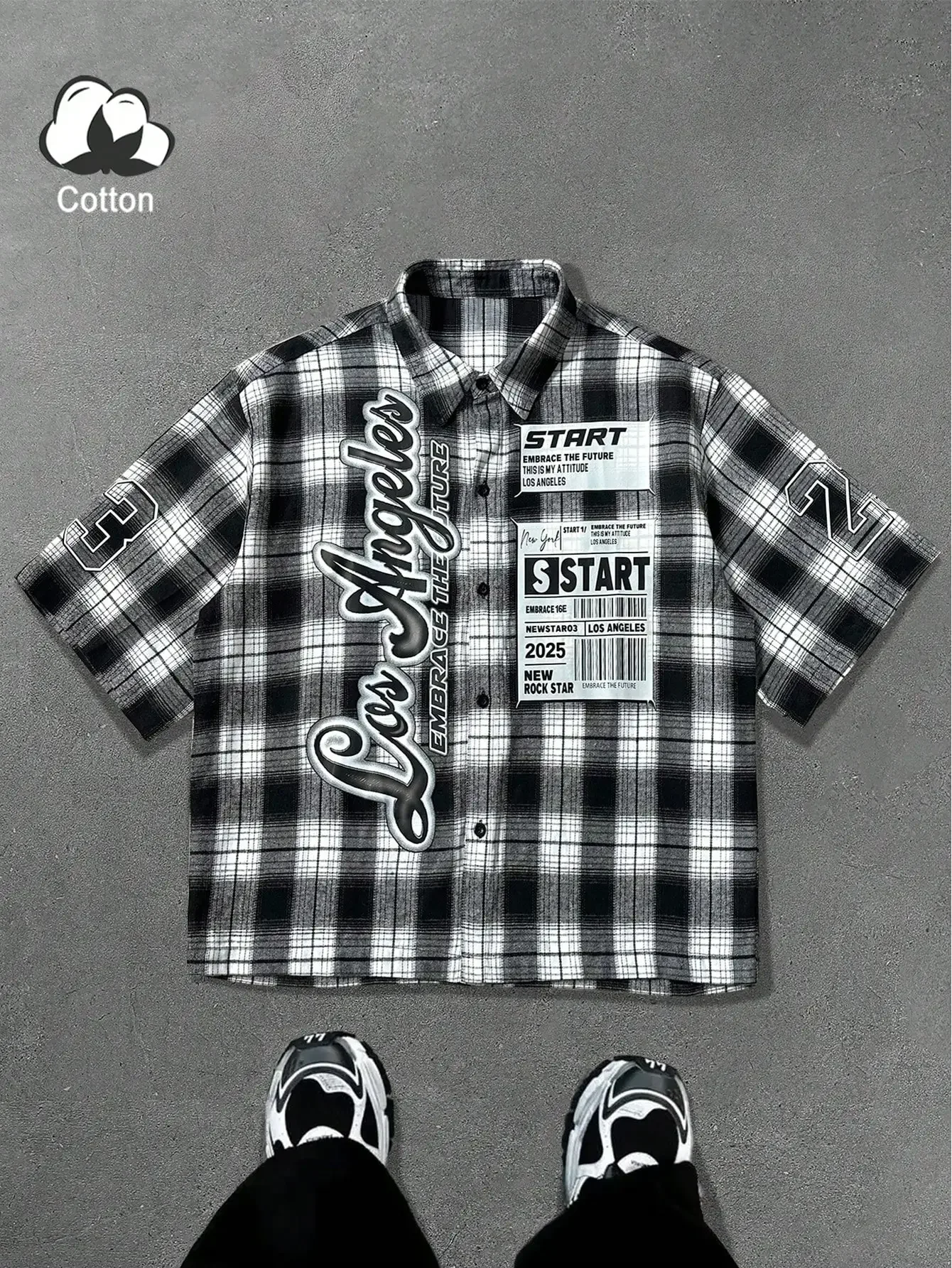 

Black & White Yarn-Dyed Plaid Short Sleeve Button Down Shirt, Oversized Relaxed Fit, Textured Print, Lightweight Cotton