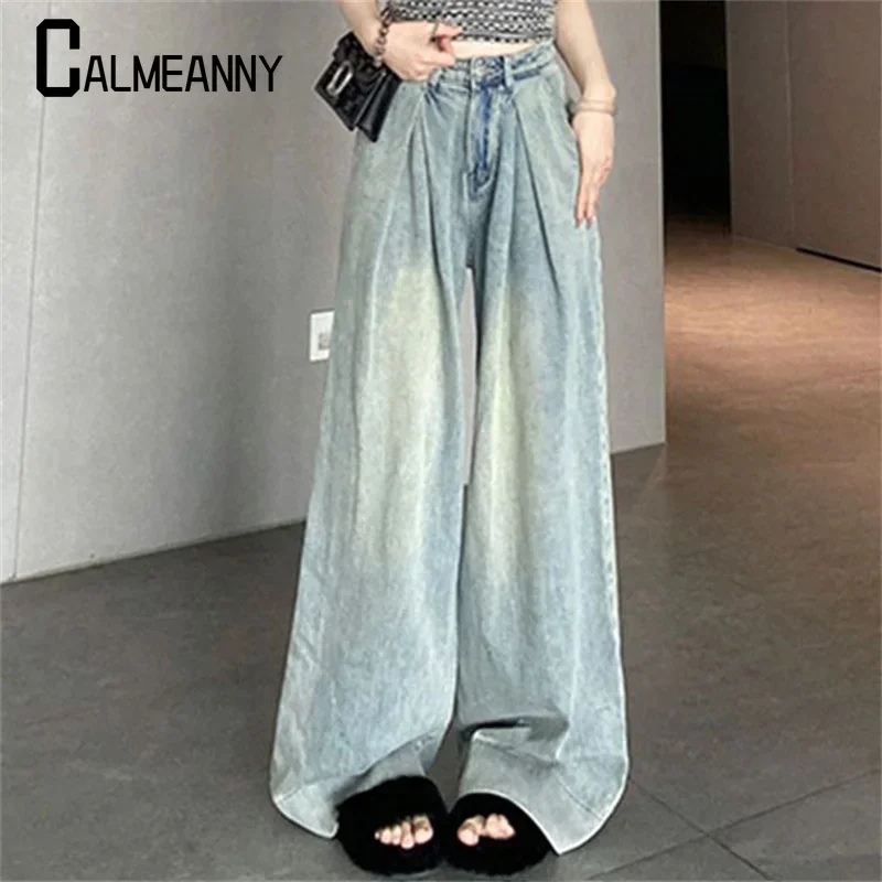 レディースワイドレッグジーンズ 2025 春夏 韓国版 ファッション ヴィンテージ ストリートウェア シンプル オールマッチ レジャー ハイウエスト トラウザーズ