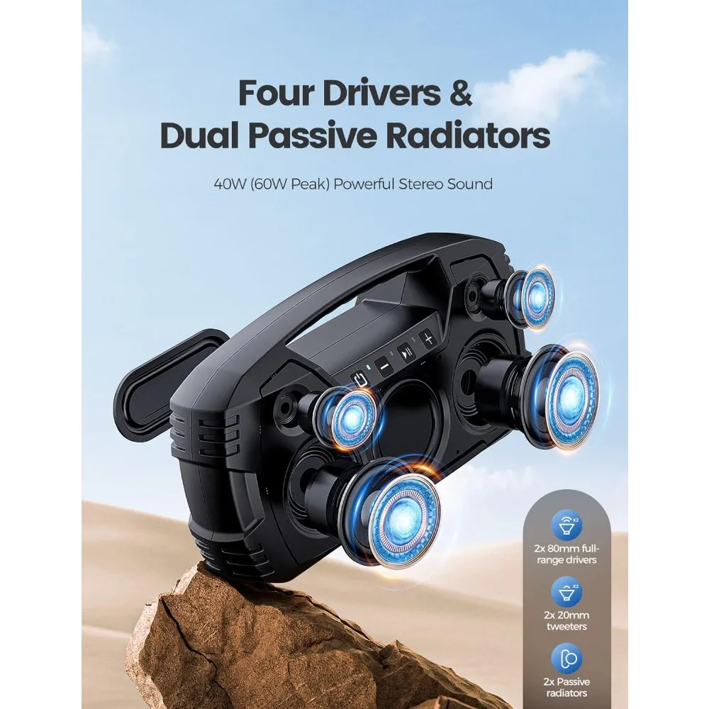 

IPX7 Waterproof Bluetooth Speaker, 40W(60 Peak) Portable Wireless Speakers with Subwoofer, 32H Playtime, Stereo Loud Sound