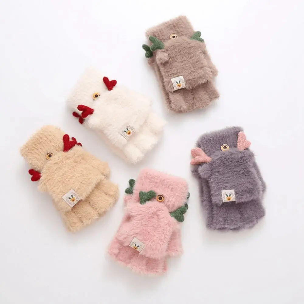 Cute Soft Plus Velvet Antlers Women Elastic Flip Mittens Half-finger Gloves Female Gloves Christmas Wool Mittens