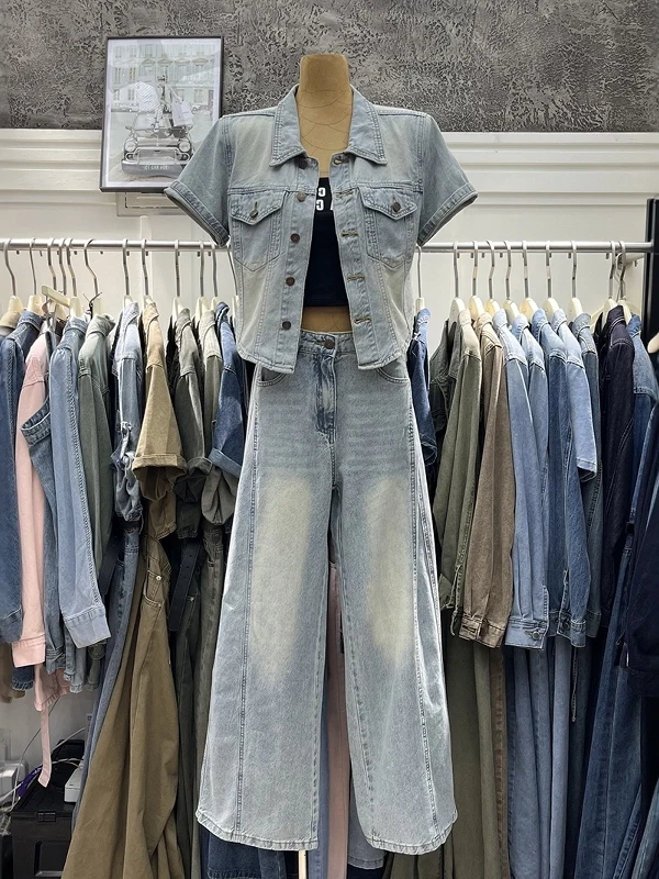 

Slimming High Waist Wide Leg Pants Short Sleeve Denim Set Women's Fashion Summer 2026 Korean Style Soft Short Top Ensemble