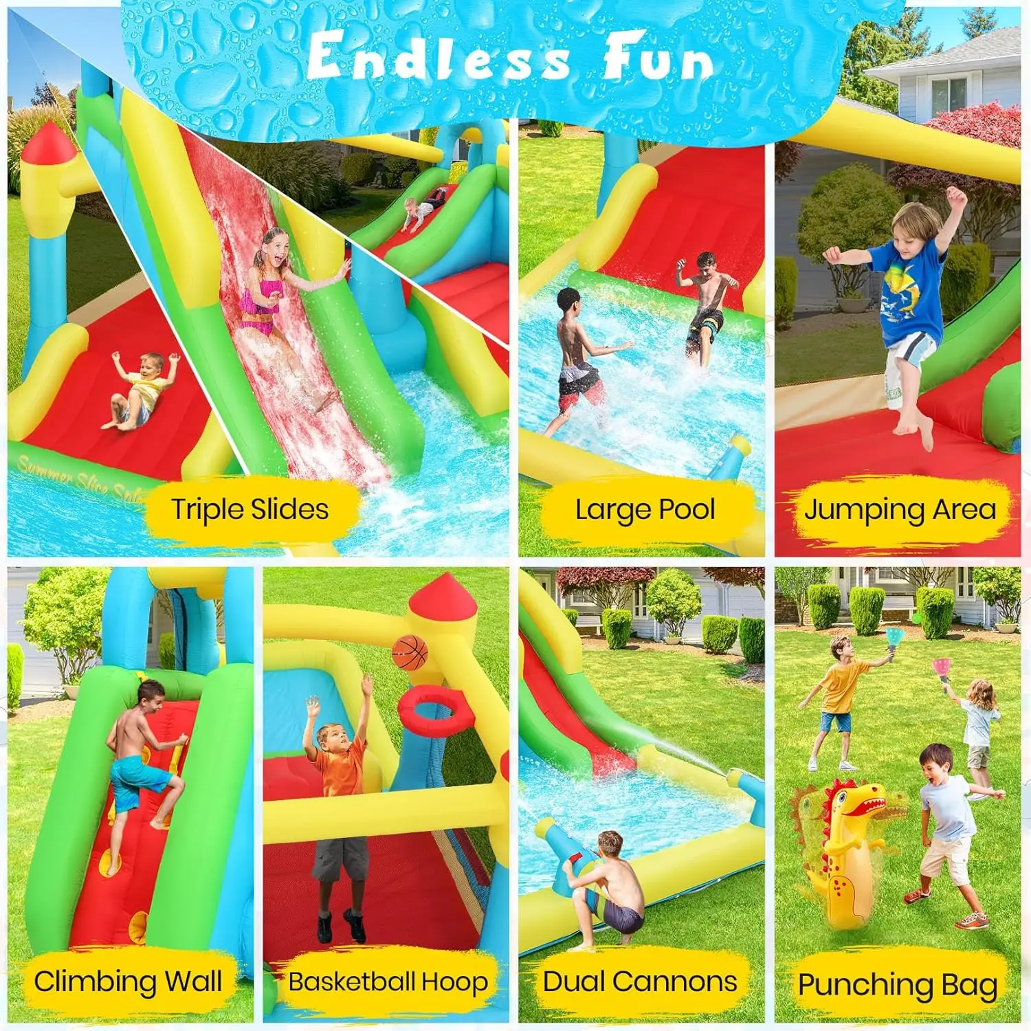 Nadmuchiwany gumowy dom z 3 zjeżdżalniami, dom do odbijania dla dzieci na zewnątrz, dmuchany dom z dmuchawą, basenem, armatką wodną, Climbi