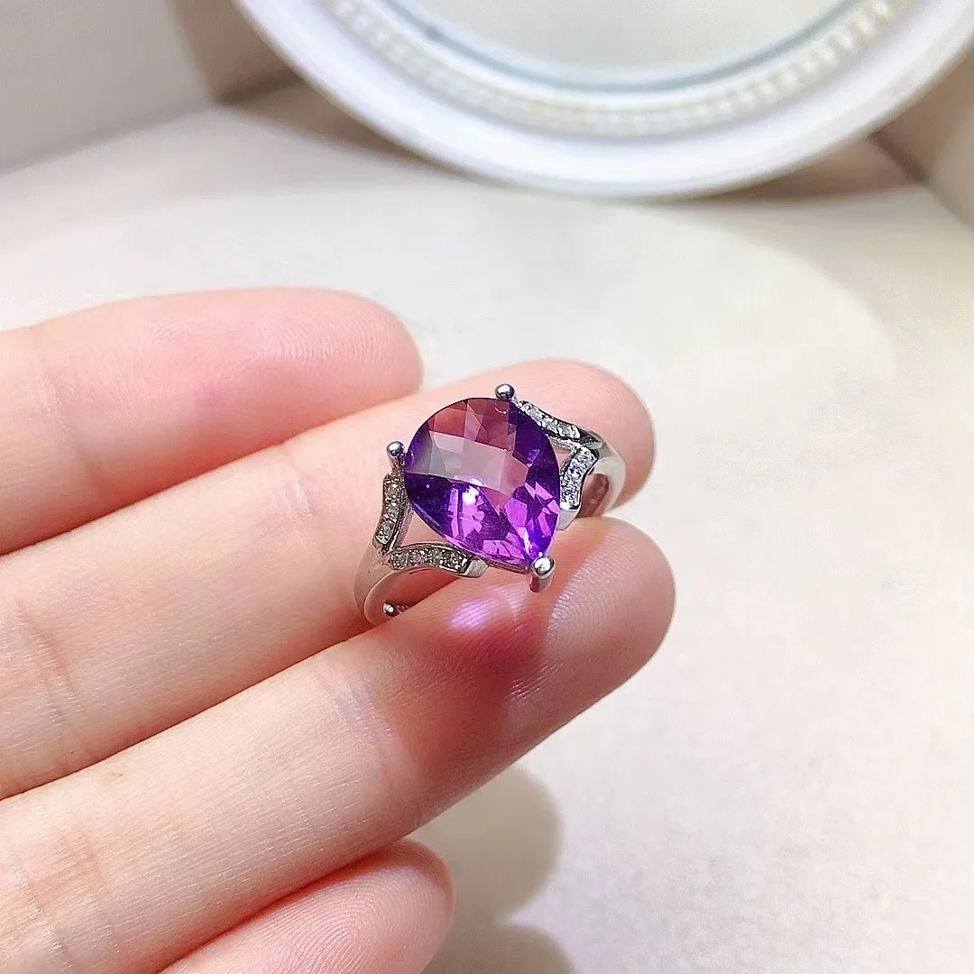 

3ct 9mm*11mm VVS Grade Amethyst Ring for Party Luxury Natural Amethyst Silver Ring Fashion 925 Silver Amethyst Jewelry