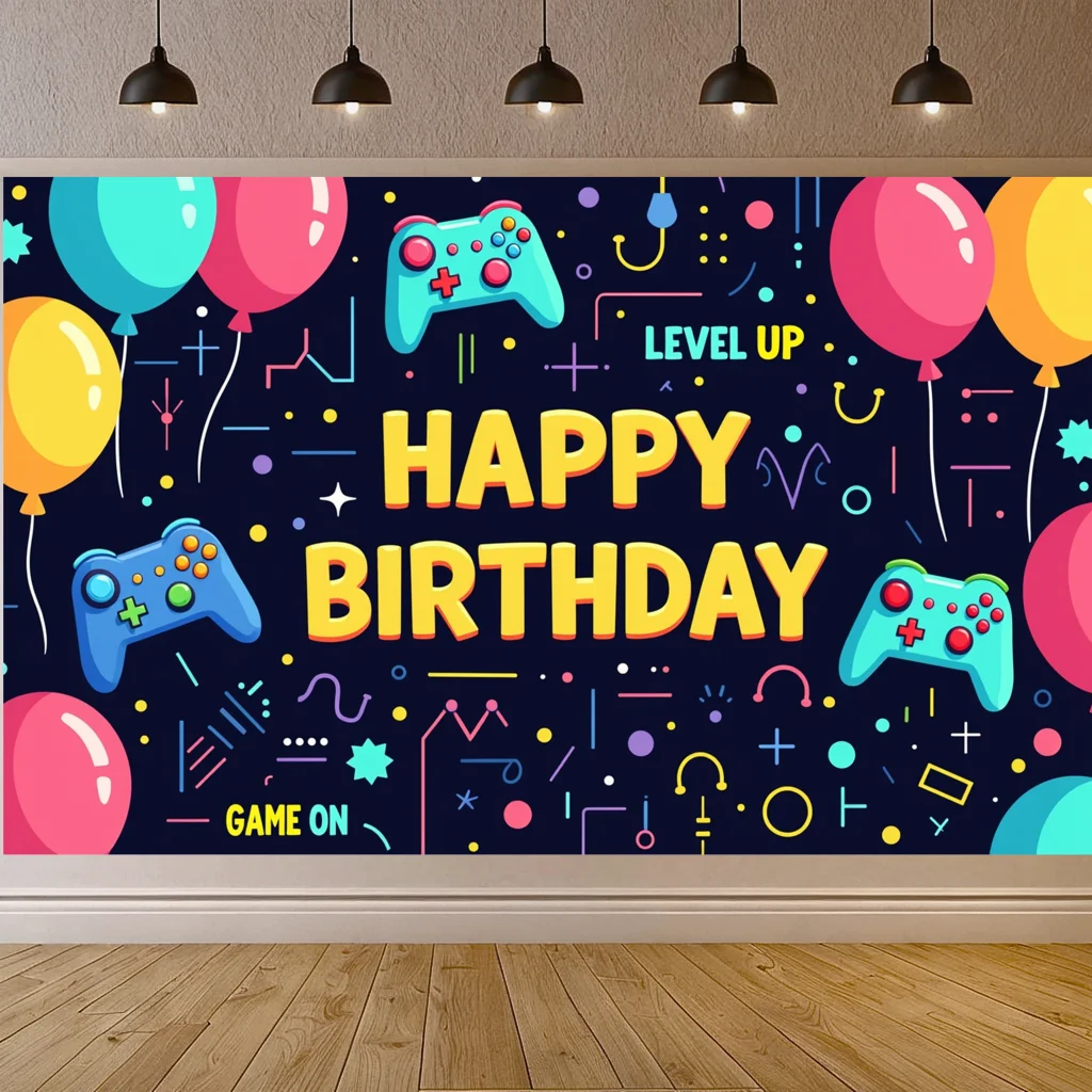 Gaming Birthday Banner Colorful Backdrop with Balloons Game Controllers for Party Decoration Kids Celebration Wall Background