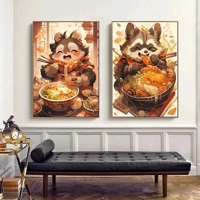 Japanese Noodle Dog Cat Posters Funny Ramen Noodles Kitchen Wall  Prints Canvas  Pictures For Restaurant Home Decor
