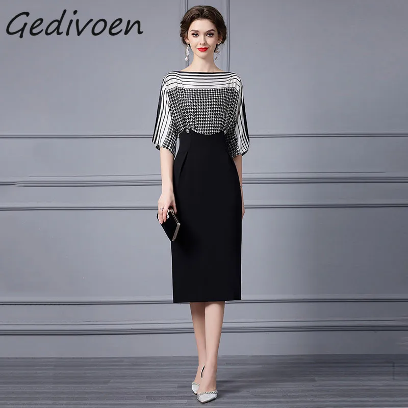 Gedivoen Summer Fashion Runway Vintage Dress Women's Batwing Sleeve Print Button Buttock Covering Slit Fake 2 Pieces Midi Dress