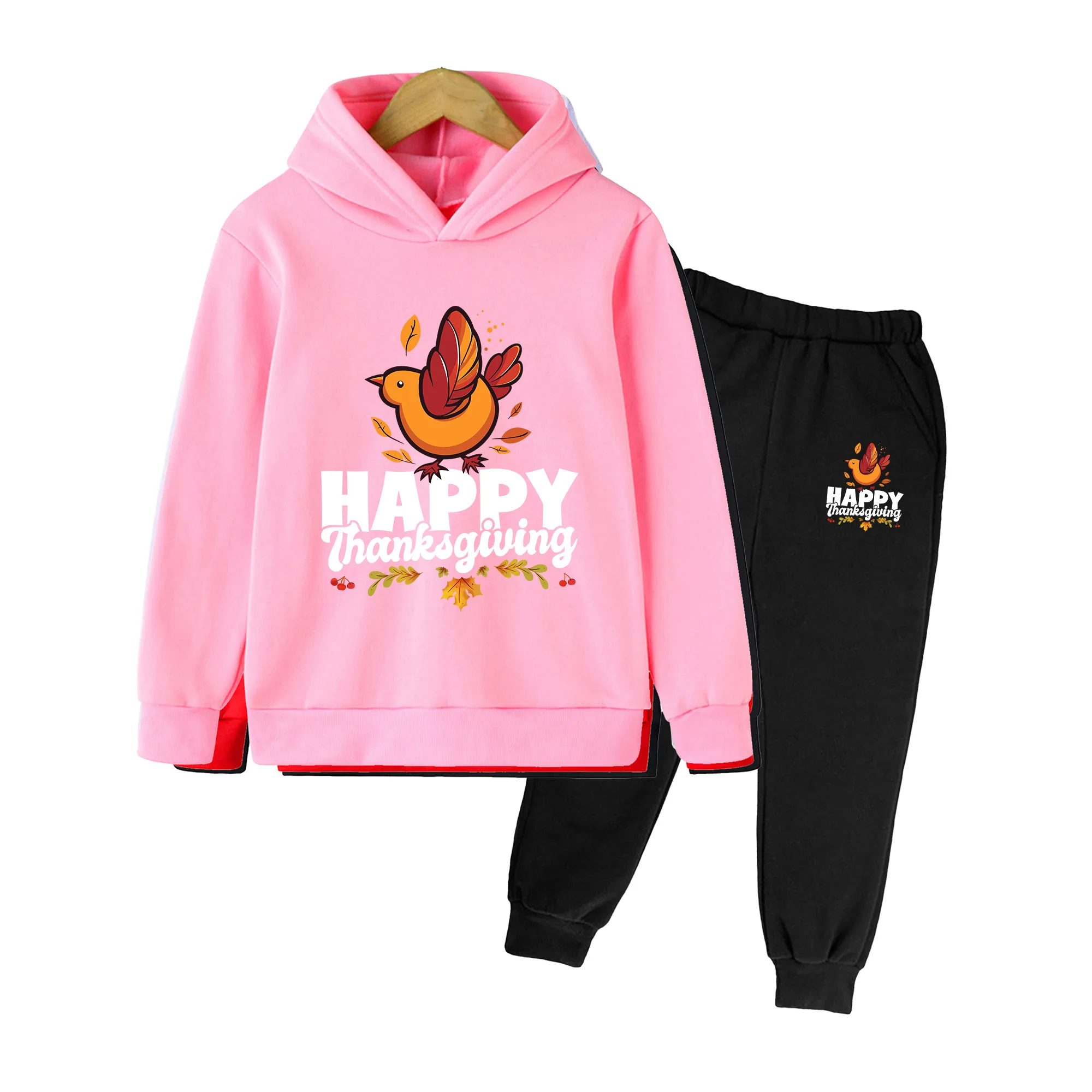 Kids Thanksgiving Turkey Print Hoodie & Sweatpants Set, Boys Girls Fall Casual Long Sleeve Outfit