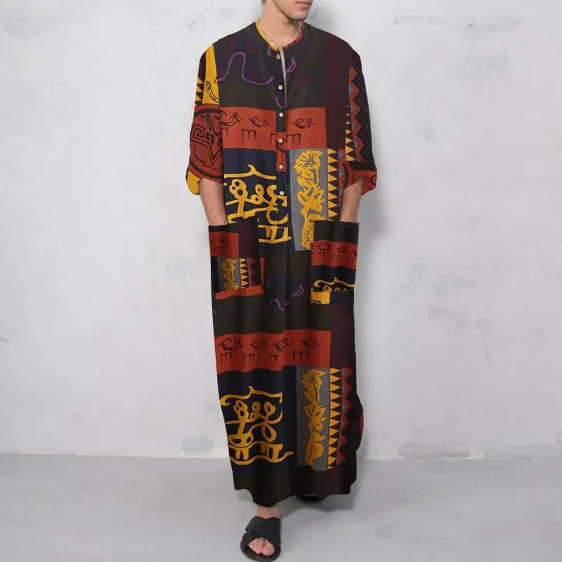 2022 Muslim Robe New Men\'s Casual Loose Oracle National Printed Long Nightgown In Europe and America Kaftan House Robe for Men