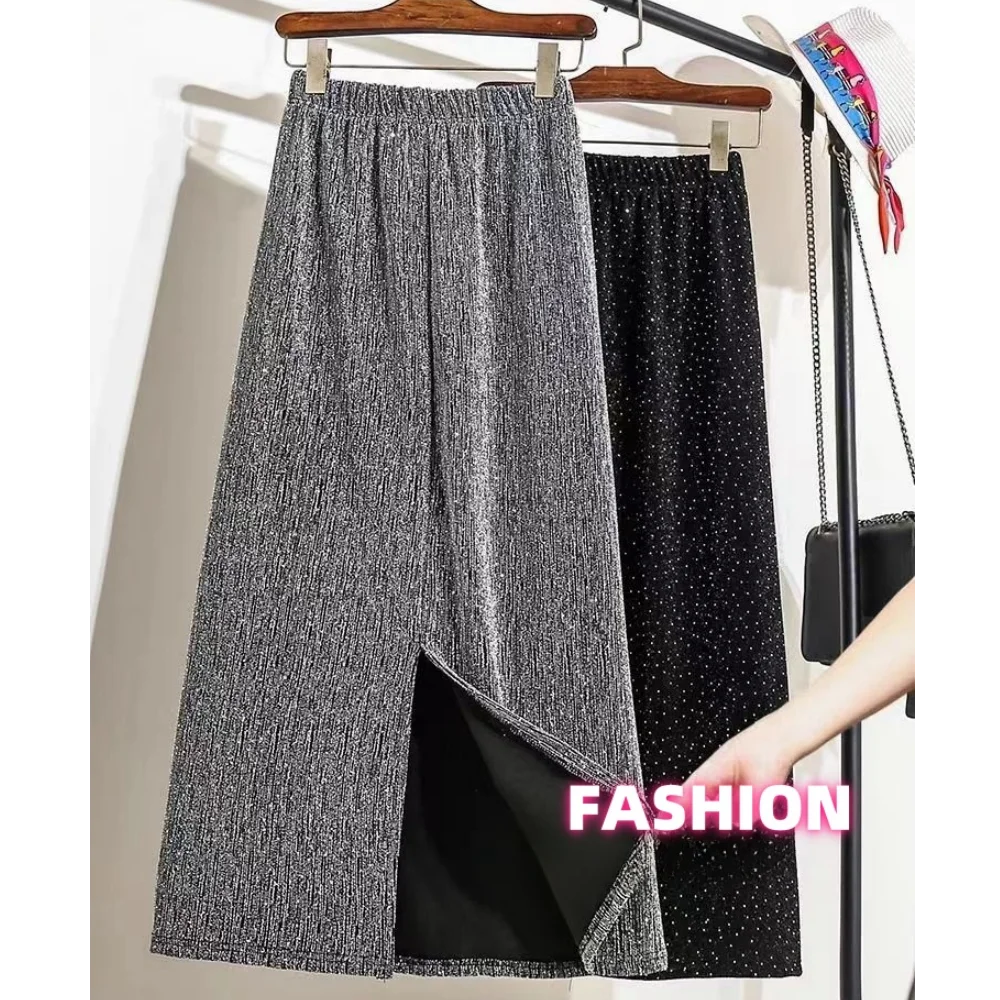 Autumn Women\'s Casual A-Line Skirt Bright Silk Party Club Straight Skirt Y2K Youth Elastic Waist Slit Slim Sexy Skirt Chic Trend