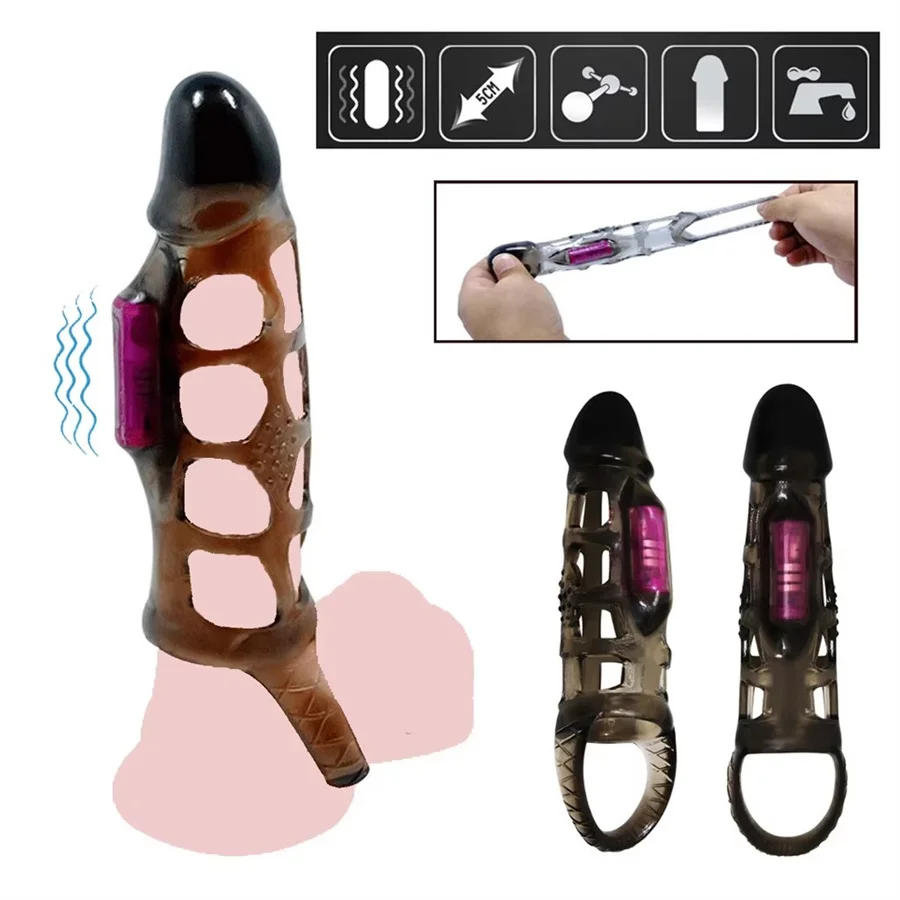 Vibrating Penis Sleeve Delay Ejaculation Cock Ring Vibrator Penis Extender Enhancement Sleeve Reusable Condom Sex Toys For Men