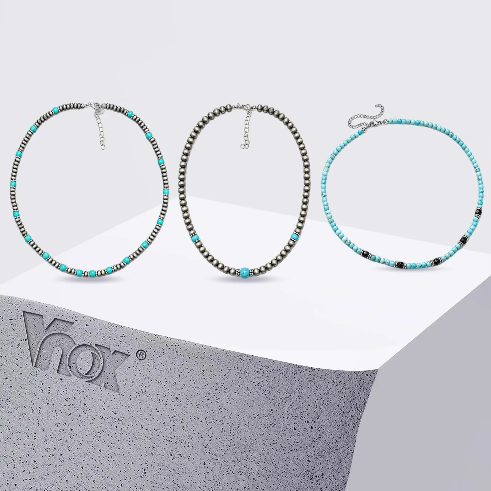 Vnox Men's Turquoise Beaded Necklace, Bohemian Style Adjustable Chain, Punk Hip Hop Birthday Party Jewelry Gift Present for Him - view 5