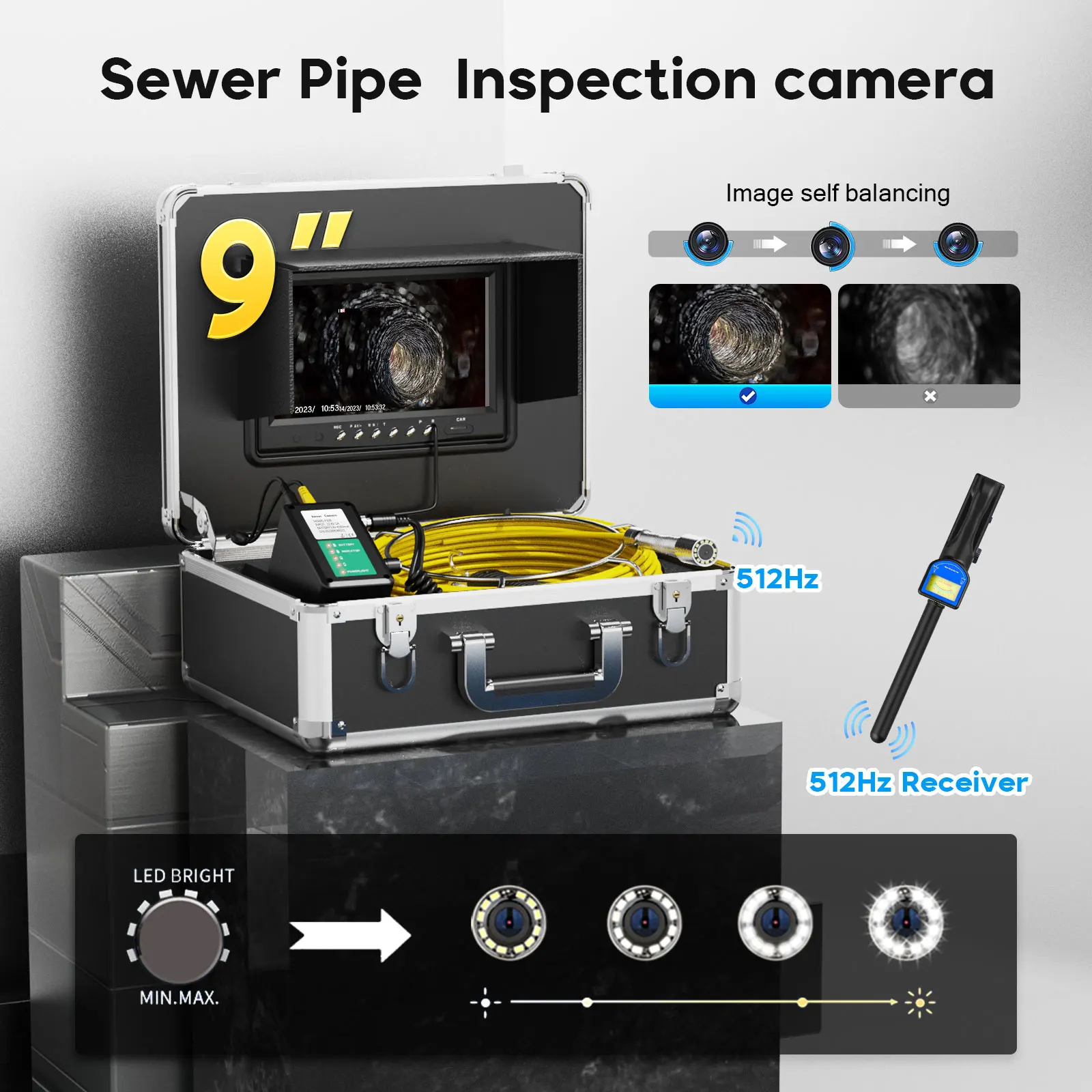 

9" Monitor DVR Sewer Pipe Inspection Camera with Self Leveling 512HZ Pipe Locator 22MM IP68 Camera 12PCS LED