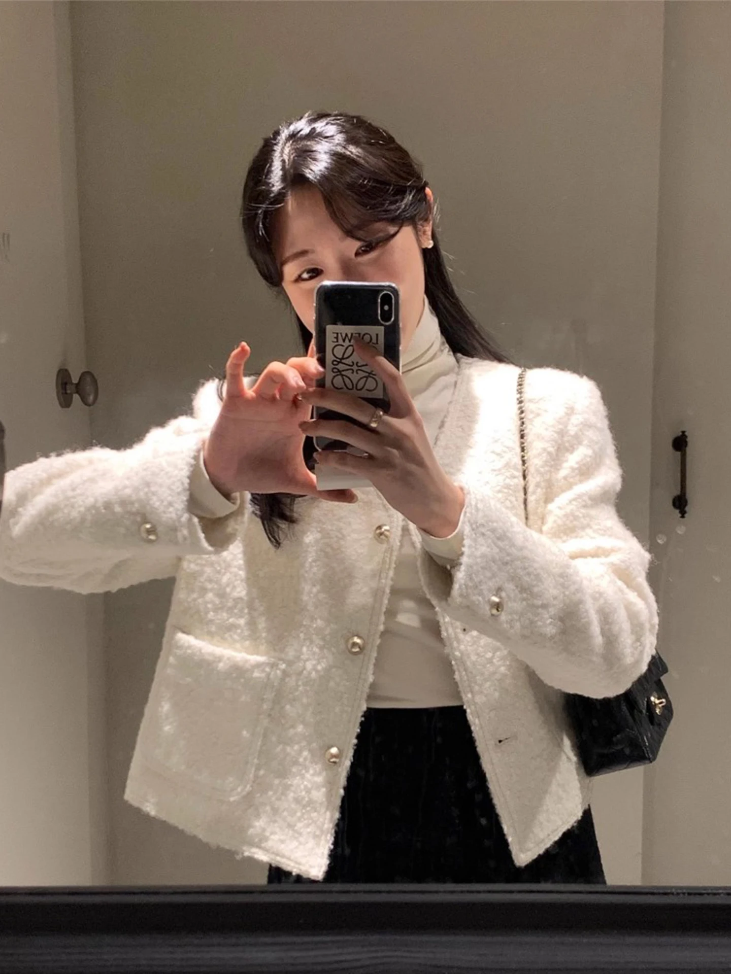 

Chic Autumnal Loose Fit V-Ne Single Button ket Coat in Thi Tweed for Women Commute Sle Pure Color Gold Embroidery