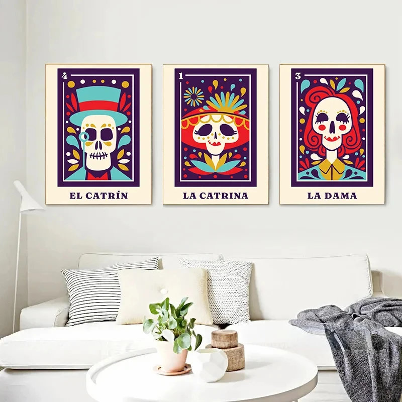 Scheletro messicano Vintage La Catrina Muertos Tarot Day of The Dead Art Poster Canvas Painting stampe murali Picture Room Home Decor