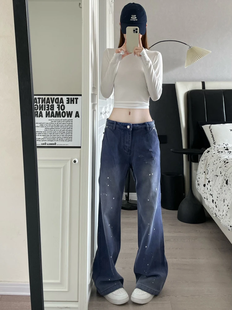 

Vintage Blue Faded Denim Jeans Loose Wide Leg American Sle Splaed Ink Wear Resistant Cotton Straight Cut Casual Trousers
