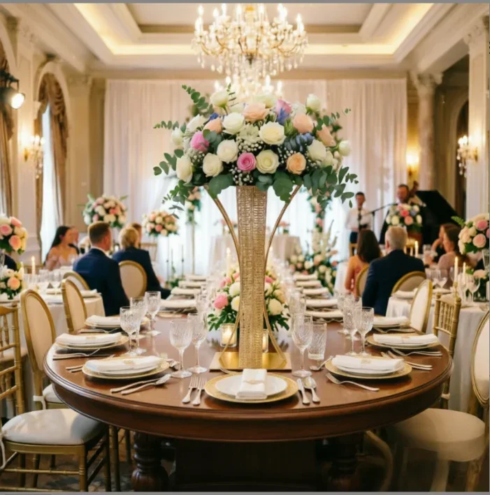 3 Stück Goldene Metall-Hohlständer mit Blumenmuster für Hochzeitsdekorationen, Säulen, Event-Arrangements, Gangdekorationen und Ausstellungsständer – Detail 4