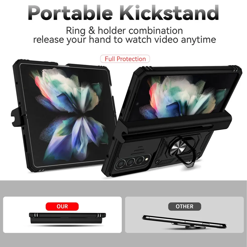 Galaxy Z FOLD 4 Case Kickstand+Camera Lens Protector+ Pencil Holder Shockproof Cover Case For Samsung Galaxy Z Fold 4