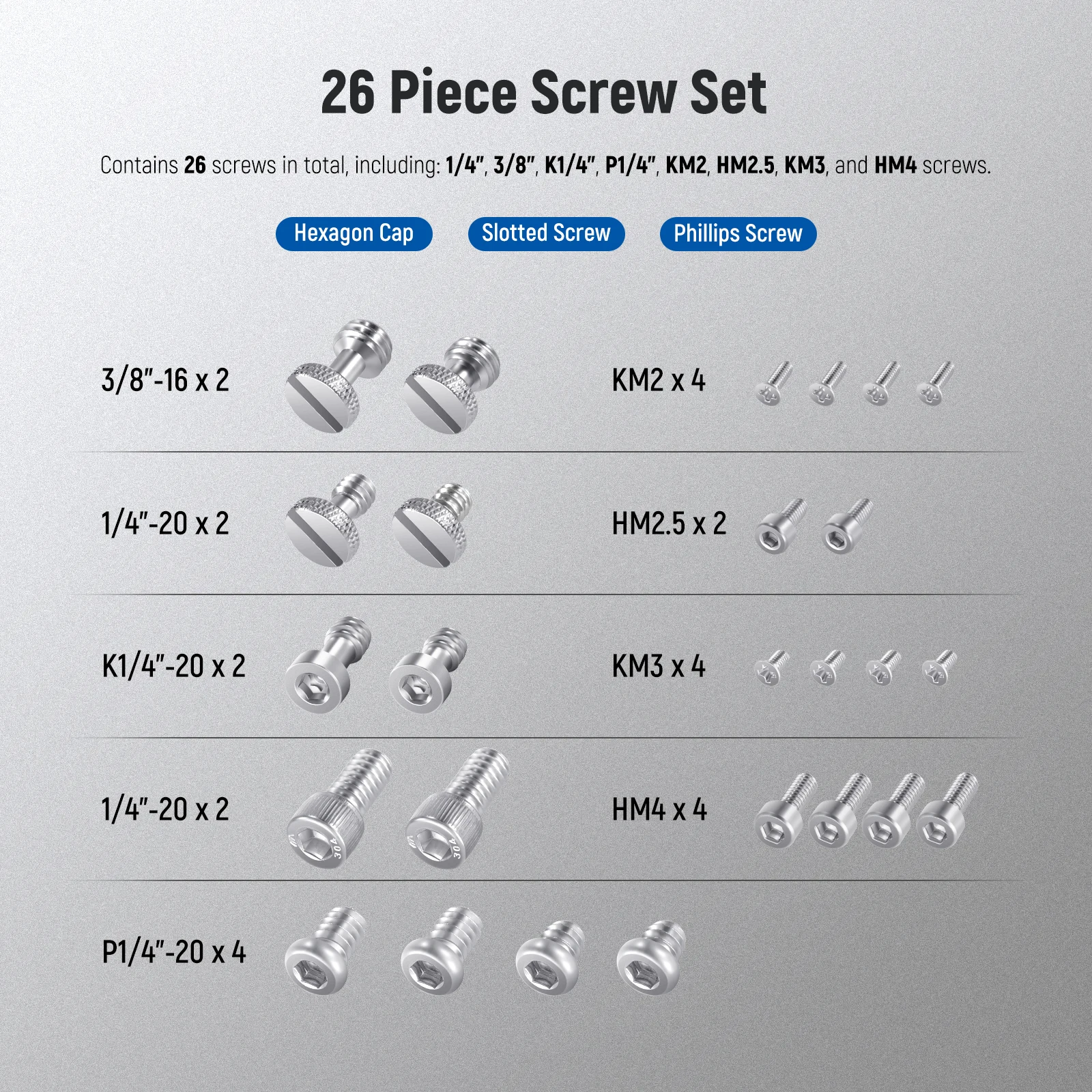 NEEWER 26PCS Camera Screw Set for Photography Equipment, Includes 1/4\