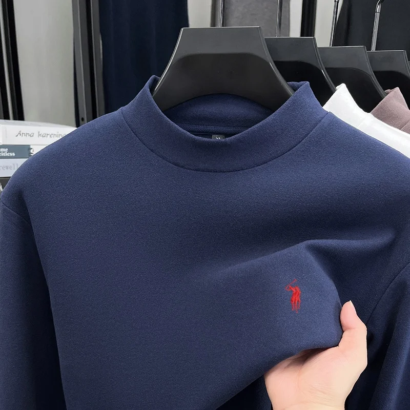 Moda de outono e inverno, nova camiseta masculina de veludo dupla face, quente, com gola redonda, original, com bordado requintado e manga comprida.