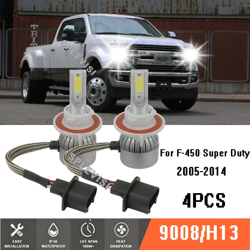 4Pc LED Headlight Hi Low Beam Light Bulbs Kit 6000K For Ford F-450 Super Duty 2005-2014 2006 2007 2008 2009 2010 2011 2012 2013