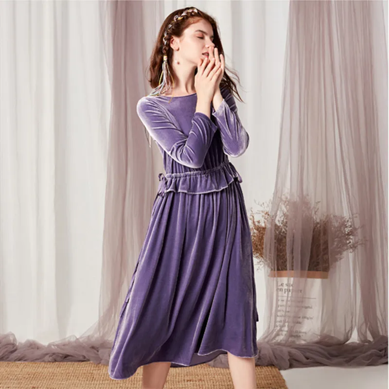 Herfst Winter Fluwelen Jurken Vrouwen Zoete Lange Mouwen Plisse Ruffle Velours Jurk Streetwear Dames Vintage Party Dress