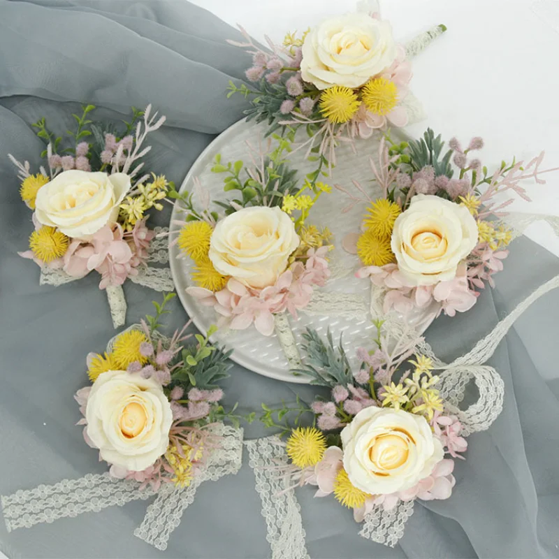 Yellow Artifical Flowers Rose Boutonnieres Wrist Corsage Men Brooch Witness Marriage Bride Wedding Accessories damas de honor