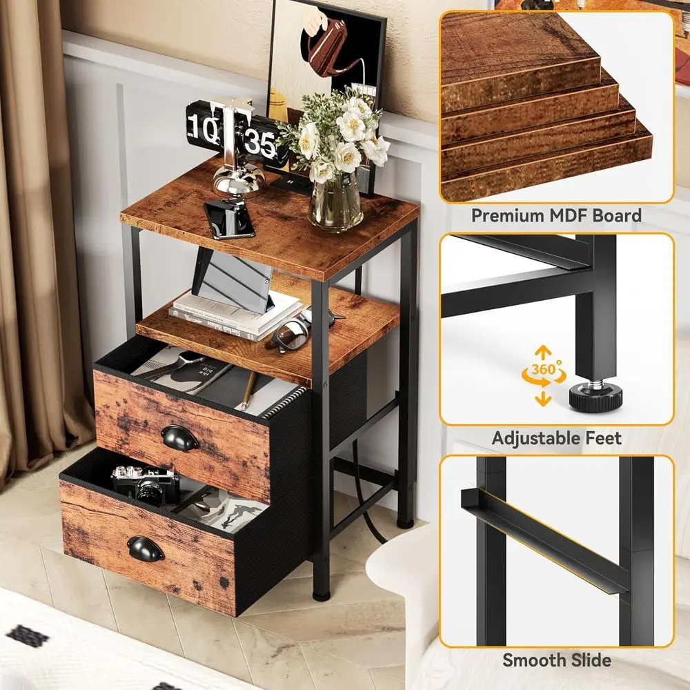 زوج من طاولات النوم البنية الريفية مع محطات شحن، وأضواء LED، وأدراج قماشية وأرفف لغرفة النوم/غرفة المعيشة #6