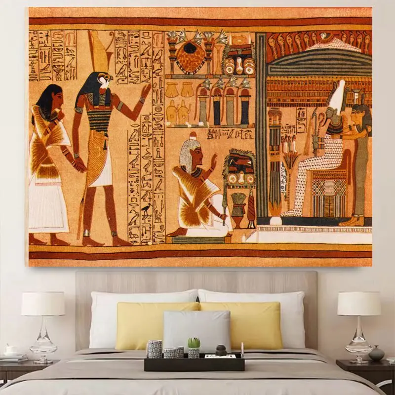 VIKAMA Ancient Egyptian Mural Wall Tapestry Hieroglyph Horus Pharaoh Altar Offering Brown Gold Historical Mythology Art Decor
