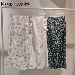 Kuzuwata All-match Bodycon Print Sweet Skirt Lace Up Mid-length Vent High Waist Casual Faldas Japan Moda Patchwork Mujer Faldas