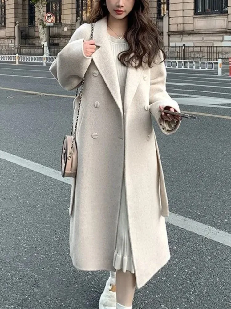 

Korean Fashion Women Casual Loose Woolen Coat Elegant and Chic Solid Outerwear Long Overcoat with Belted Female Warm Cloak