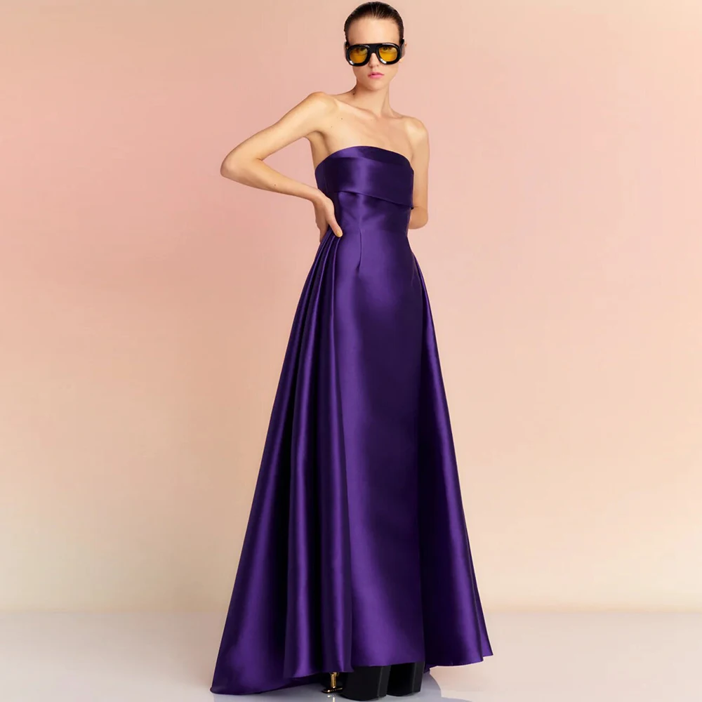 

Elegant Birthday Party Dresses Satin A-line Women's Evening Dress Purple Strapless Ruched Homecoming Gown Maxi 2024