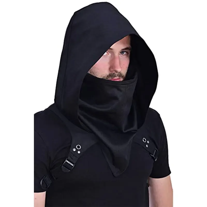 Chapéu medieval de Halloween com véu para homens e mulheres, fantasia pirata de cosplay, capuz preto, boné para adultos, adereços de festa, unissex