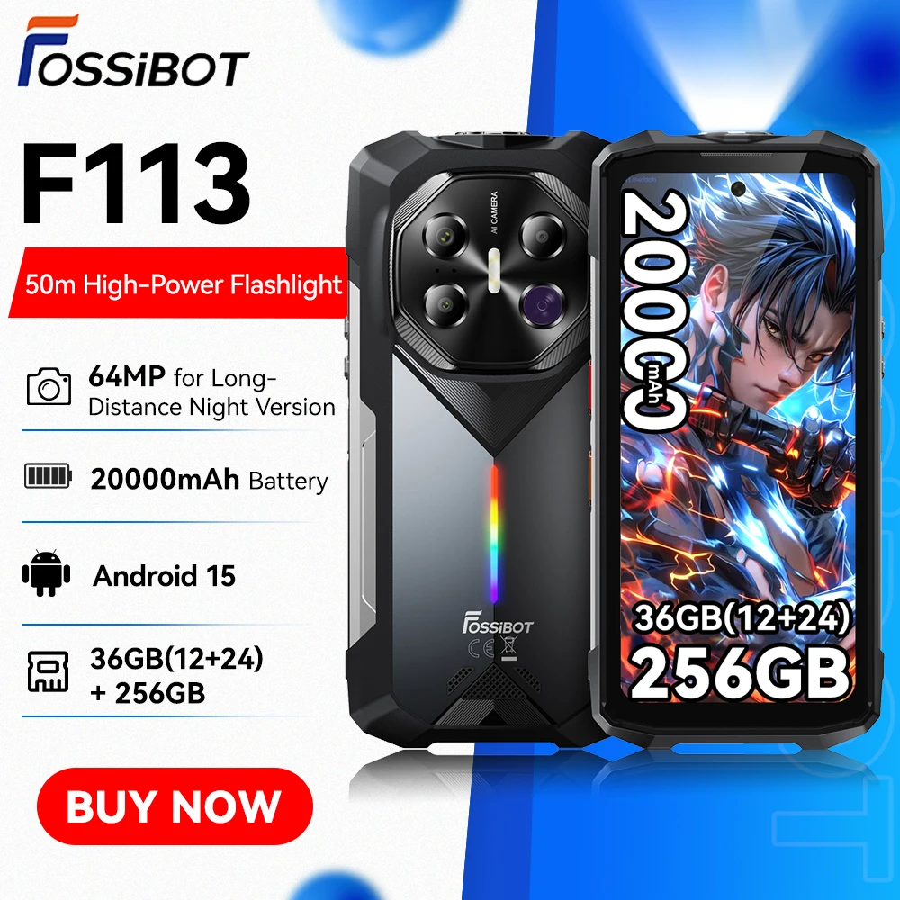 Прочный смартфон FOSSiBOT F113 5G с аккумулятором 20000 мАч, Android 15, 36 ГБ (12+24) ОЗУ + 256 ГБ ПЗУ, фонариком для кемпинга, камерой 64 МП, экраном 120 Гц, быстрой зарядкой 33 Вт, NFC