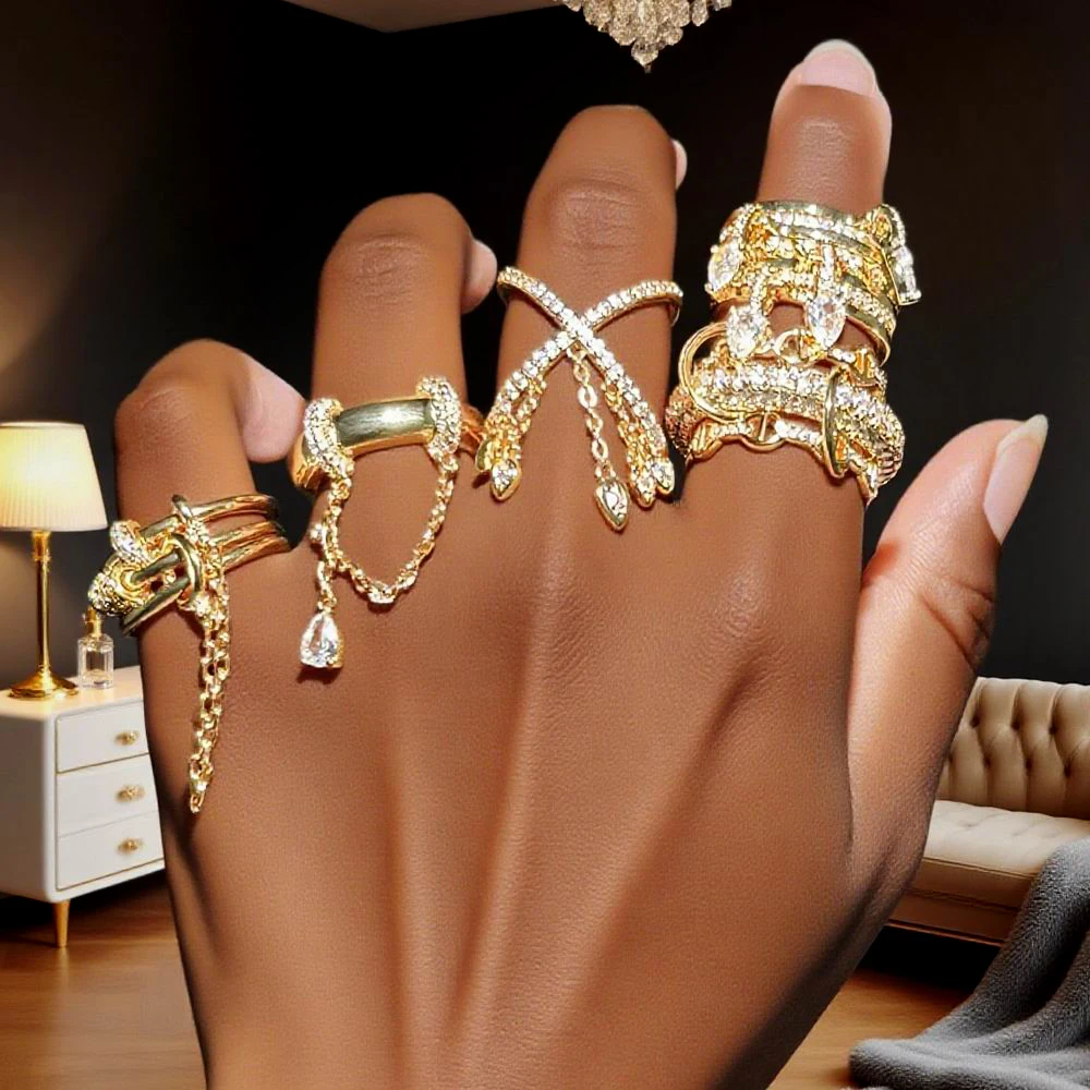 

High Quality Micro Pave CZ Stack Chain Ring 2025 New Engagement Band Multi Piece Stacking Band Tassel Link Finger Jewelry