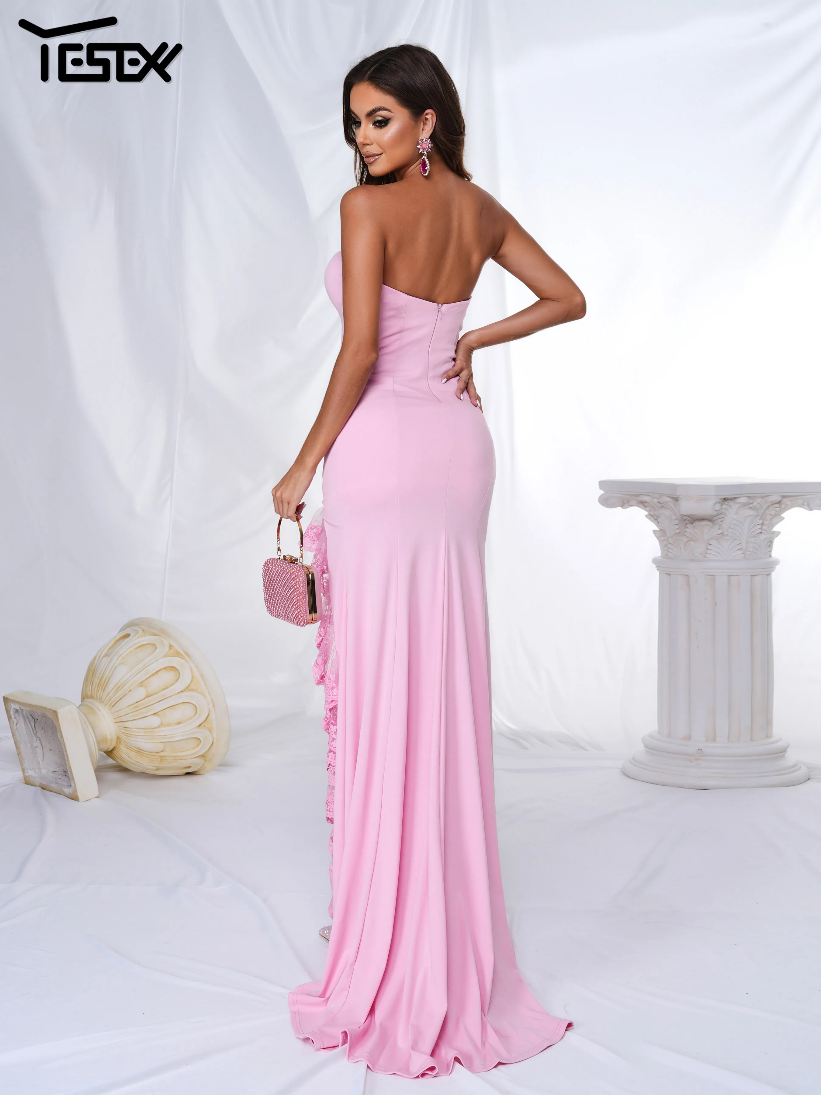 Yesexy Summer Strapless Mermaid Prom Dresses Girls Thigh-High Split Birthday Party Dress Formal Occasion Dance Gown Pink